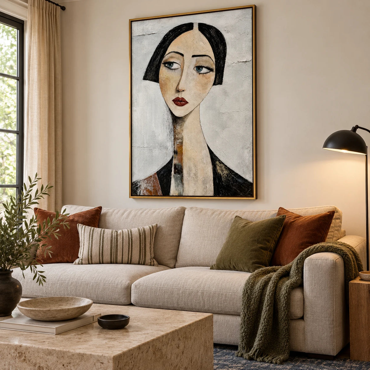 Ownanart Hand-Painted Woman with Black Bob Portrait Oil Painting – Vertical elongated female face canvas, modern figurative wall art, Original Canvas Art for Living Room and Office