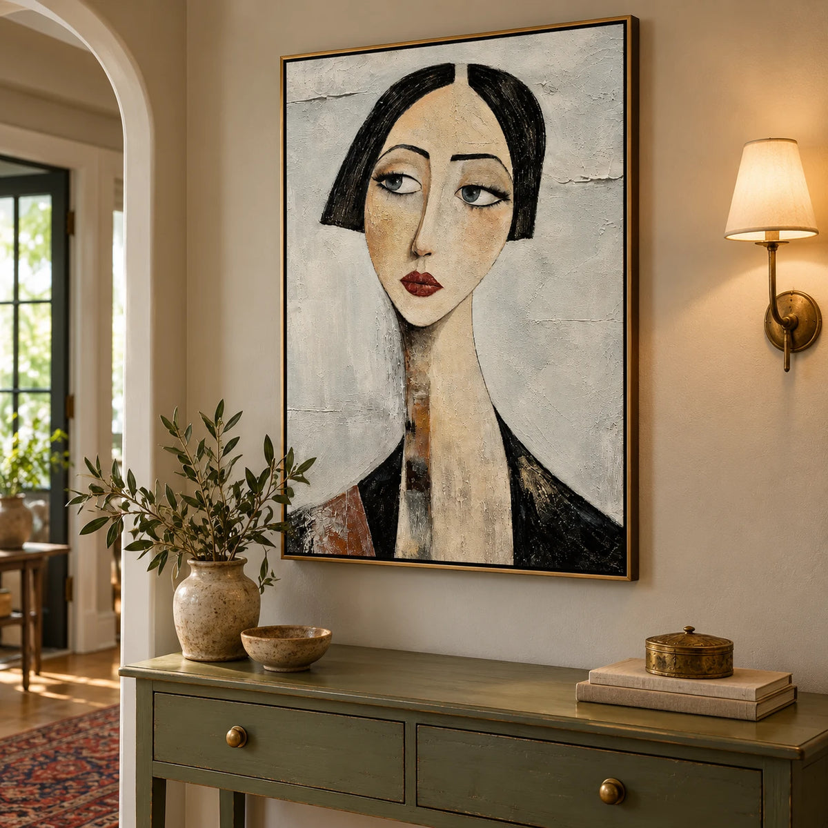 Ownanart Hand-Painted Woman with Black Bob Portrait Oil Painting – Vertical elongated female face canvas, modern figurative wall art, Original Canvas Art for Living Room and Office