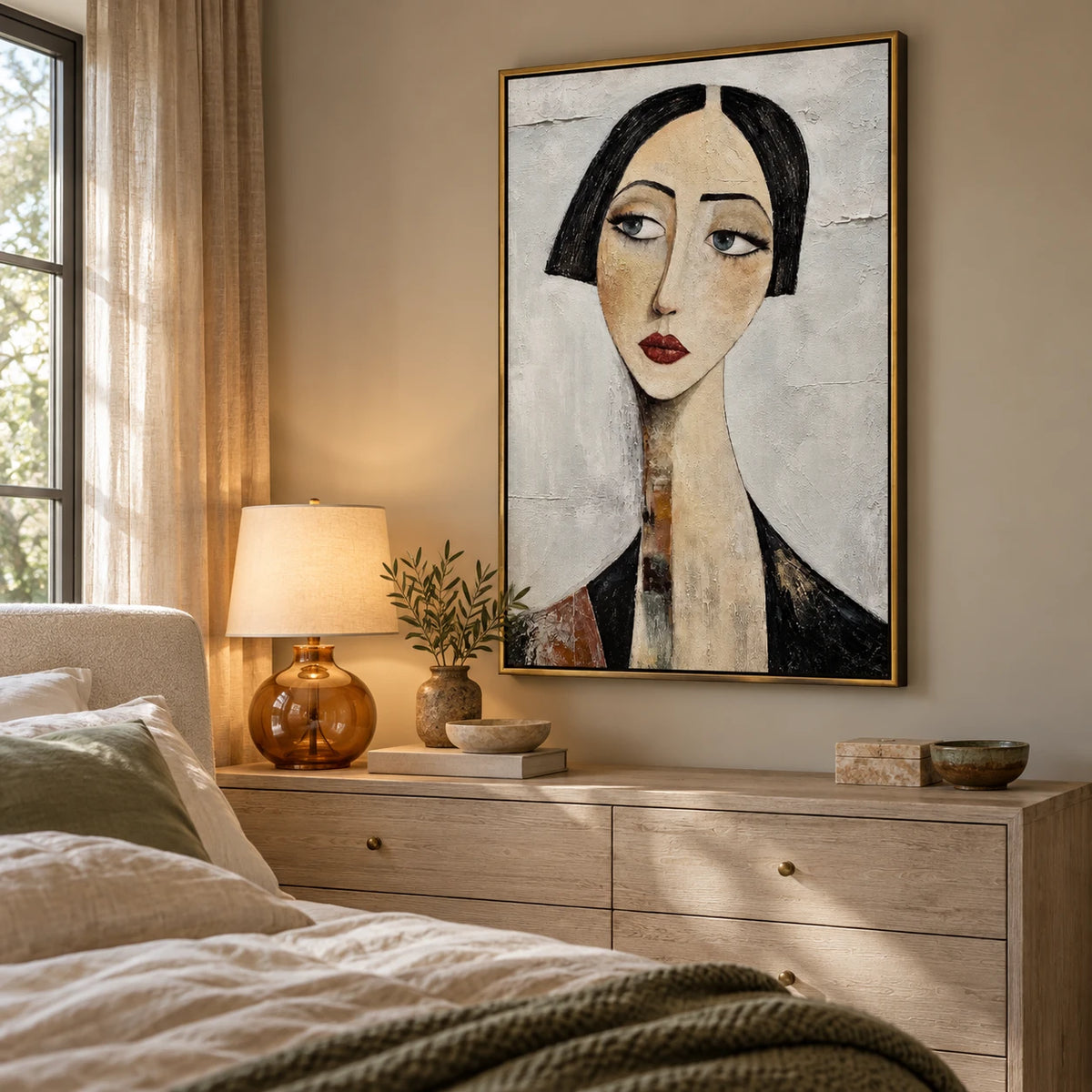 Ownanart Hand-Painted Woman with Black Bob Portrait Oil Painting – Vertical elongated female face canvas, modern figurative wall art, Original Canvas Art for Living Room and Office
