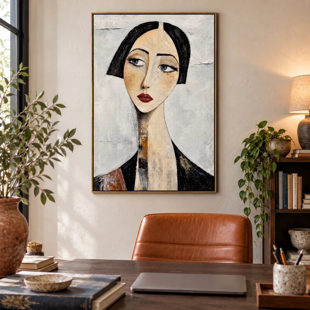 Ownanart Hand-Painted Woman with Black Bob Portrait Oil Painting – Vertical elongated female face canvas, modern figurative wall art, Original Canvas Art for Living Room and Office