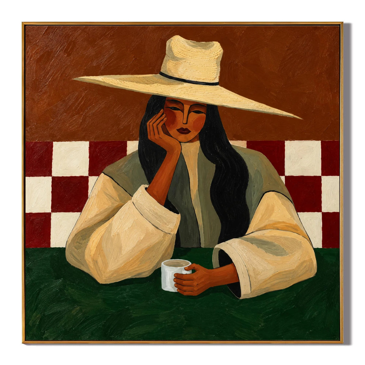 Ownanart Hand-Painted Woman with Coffee Oil Painting – Wide-Brim Hat Female Portrait, Terracotta and Green Textured Figurative Canvas Wall Art for Dining Room and Living Room
