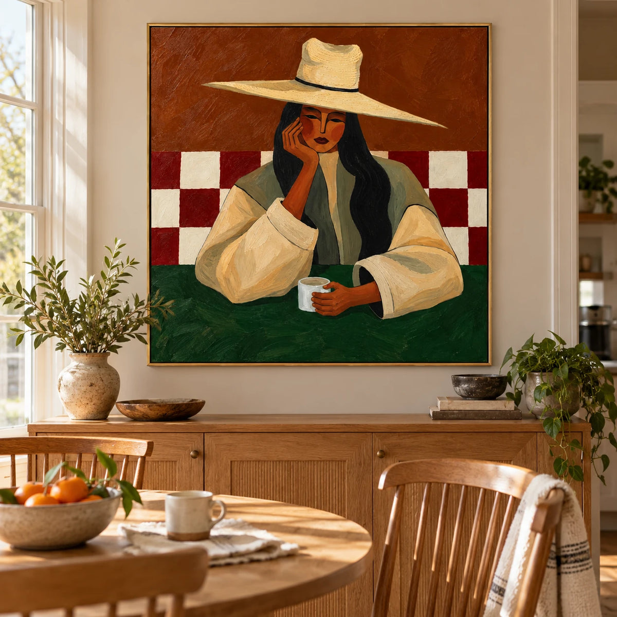 Ownanart Hand-Painted Woman with Coffee Oil Painting – Wide-Brim Hat Female Portrait, Terracotta and Green Textured Figurative Canvas Wall Art for Dining Room and Living Room