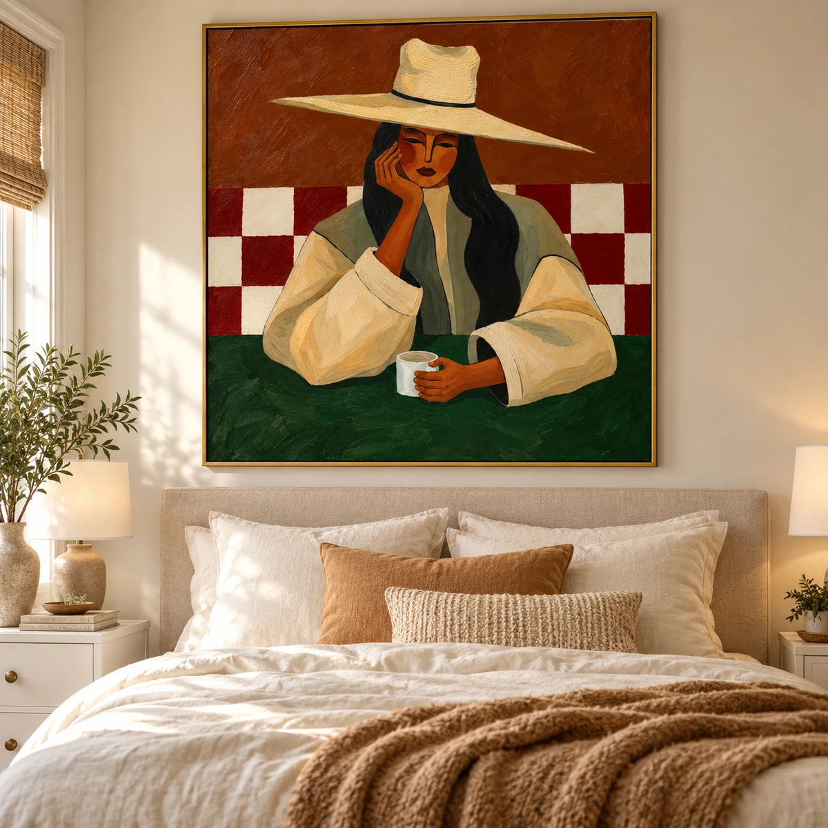Ownanart Hand-Painted Woman with Coffee Oil Painting – Wide-Brim Hat Female Portrait, Terracotta and Green Textured Figurative Canvas Wall Art for Dining Room and Living Room