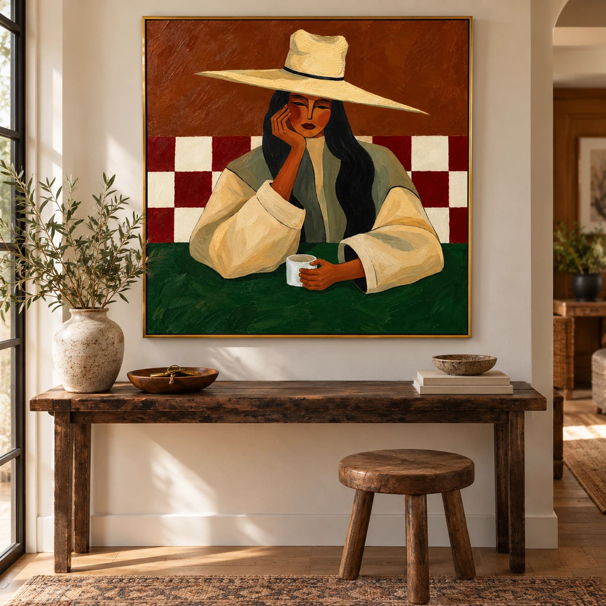Ownanart Hand-Painted Woman with Coffee Oil Painting – Wide-Brim Hat Female Portrait, Terracotta and Green Textured Figurative Canvas Wall Art for Dining Room and Living Room