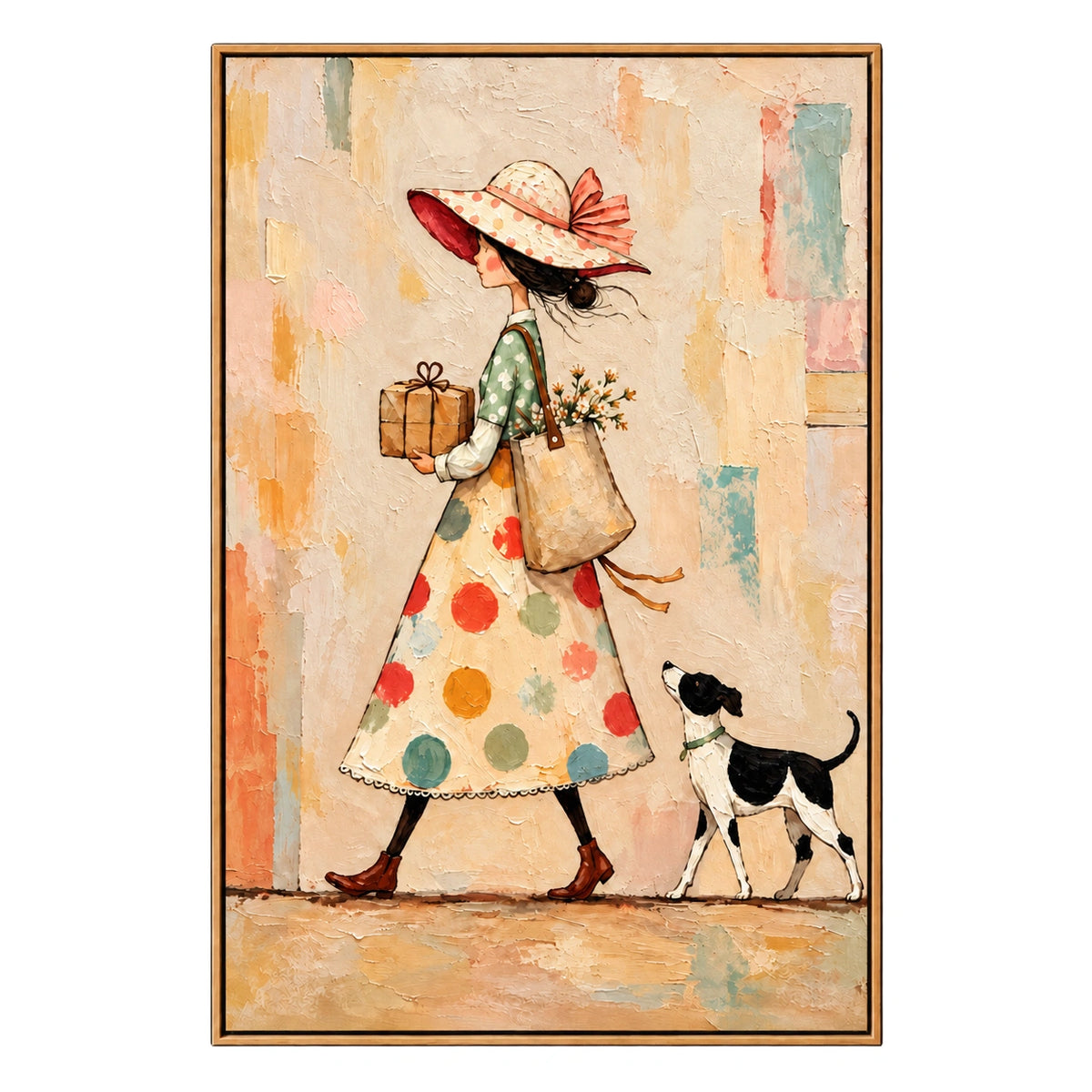 Ownanart Hand-Painted Woman with Gift Parcel and Dog Oil Painting – Whimsical Figurative Folk Art, 3D Textured Vertical Canvas Wall Art for Living Room Bedroom Entryway and Office