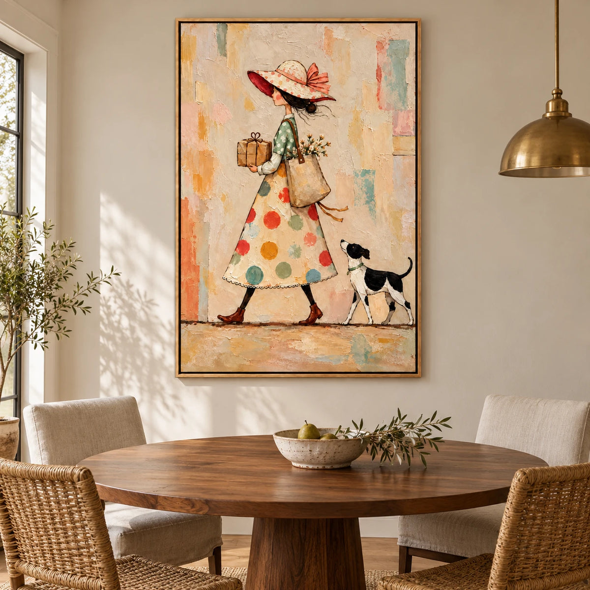 Ownanart Hand-Painted Woman with Gift Parcel and Dog Oil Painting – Whimsical Figurative Folk Art, 3D Textured Vertical Canvas Wall Art for Living Room Bedroom Entryway and Office