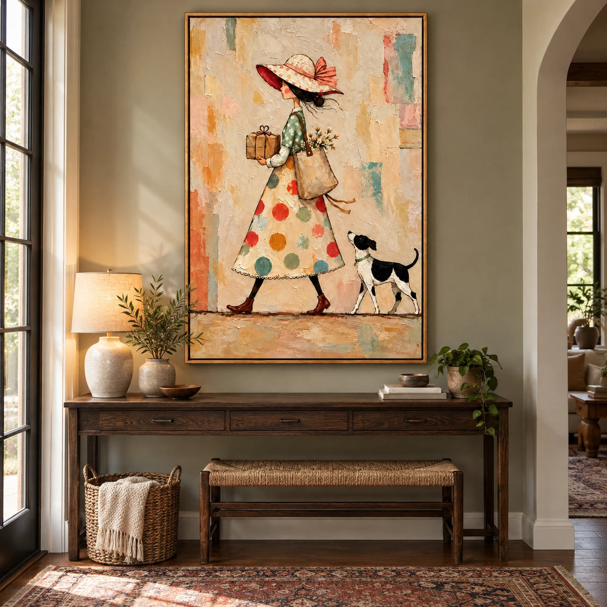 Ownanart Hand-Painted Woman with Gift Parcel and Dog Oil Painting – Whimsical Figurative Folk Art, 3D Textured Vertical Canvas Wall Art for Living Room Bedroom Entryway and Office