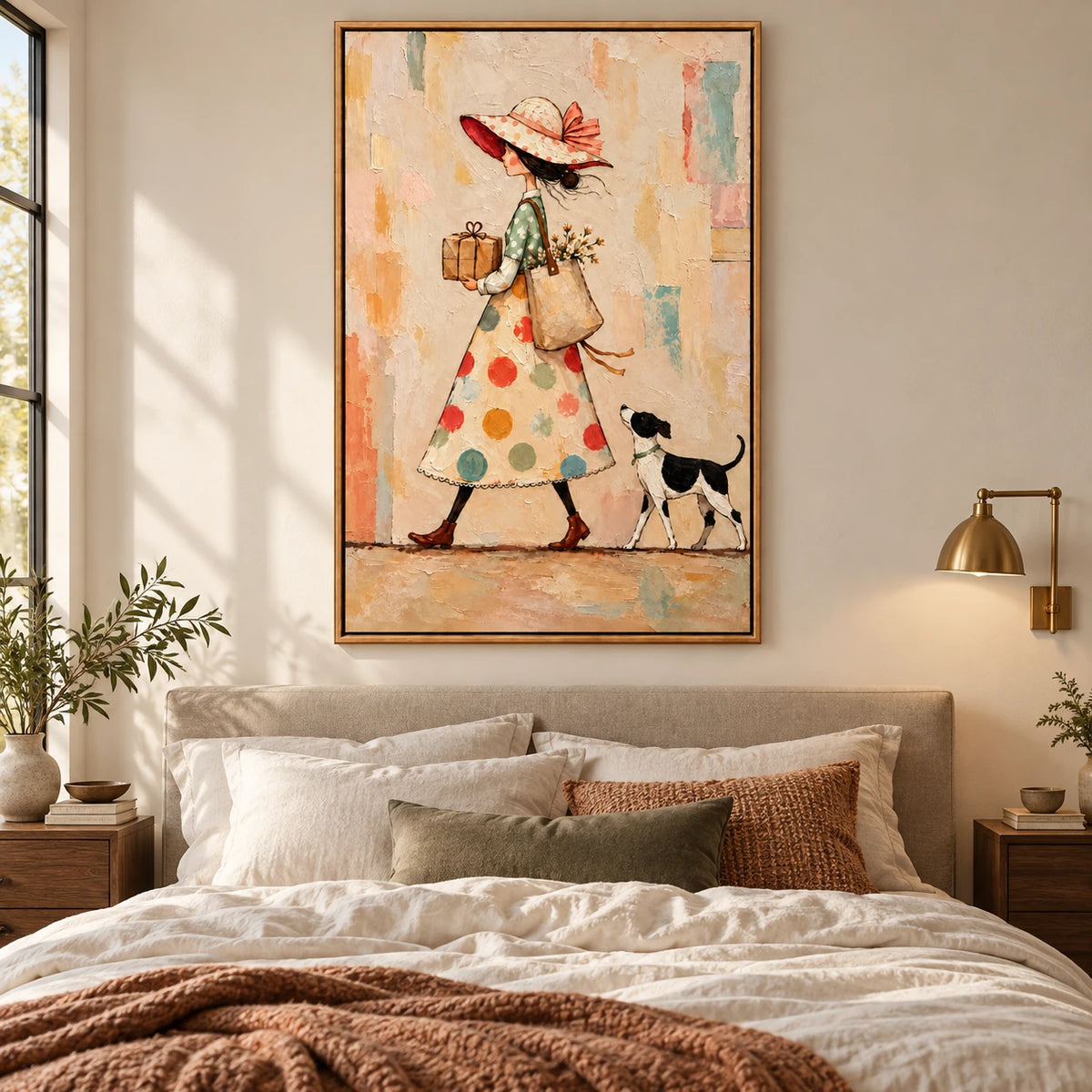 Ownanart Hand-Painted Woman with Gift Parcel and Dog Oil Painting – Whimsical Figurative Folk Art, 3D Textured Vertical Canvas Wall Art for Living Room Bedroom Entryway and Office