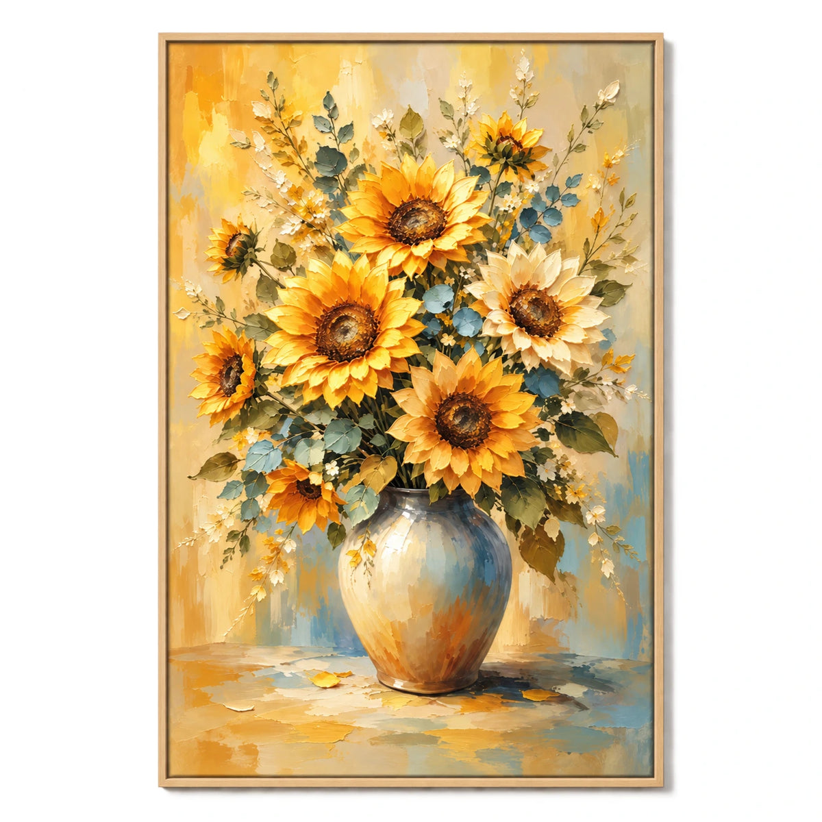 Ownanart Hand-Painted Yellow Sunflowers in Ceramic Vase Oil Painting – Impasto Floral Still Life, 3D Textured Vertical Canvas Wall Art for Living Room Bedroom Entryway and Office