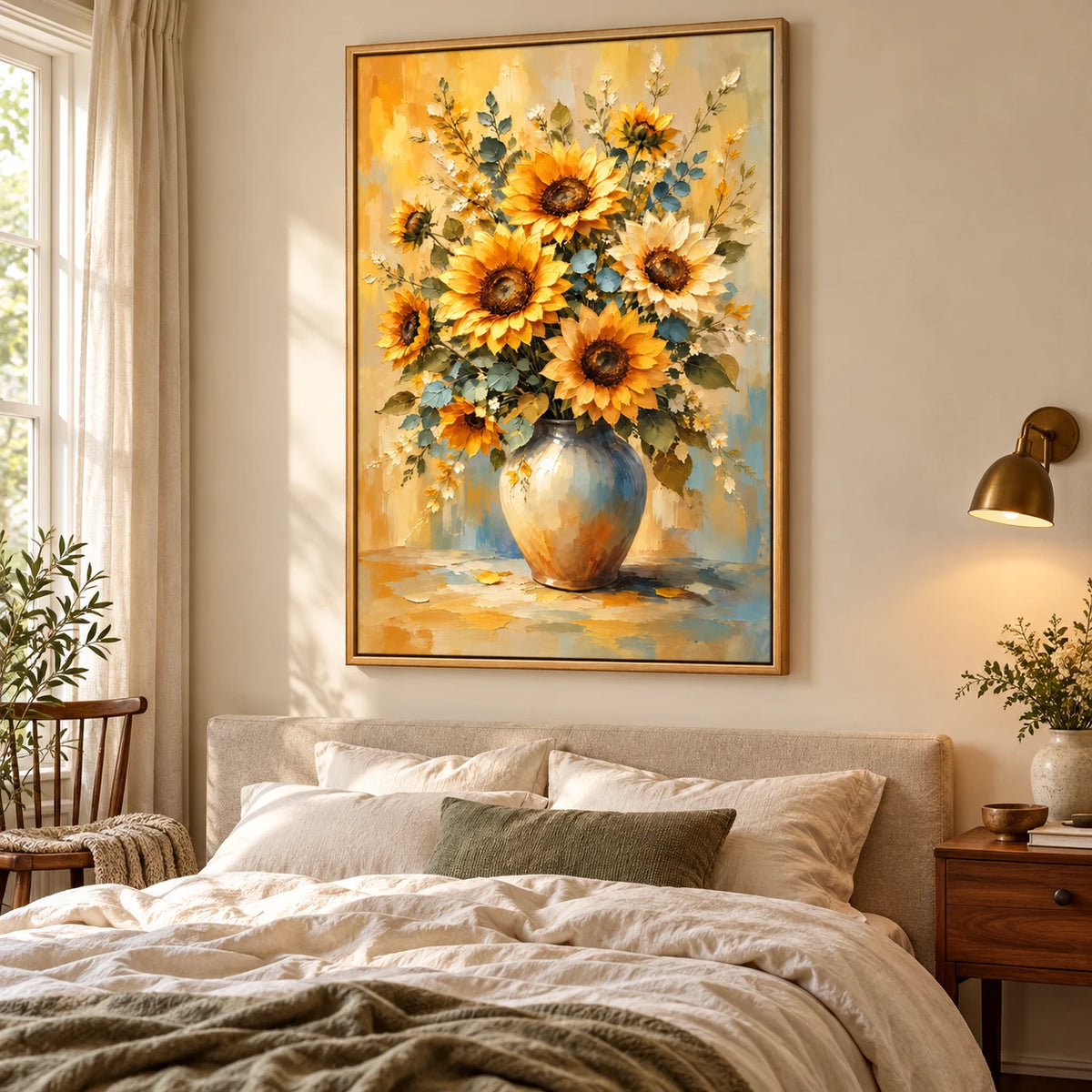 Ownanart Hand-Painted Yellow Sunflowers in Ceramic Vase Oil Painting – Impasto Floral Still Life, 3D Textured Vertical Canvas Wall Art for Living Room Bedroom Entryway and Office