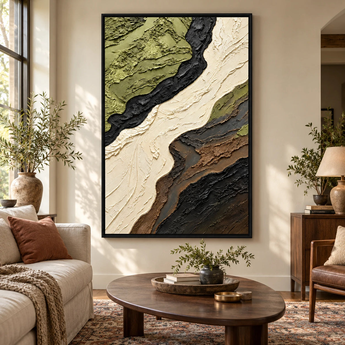 Ownanart Hand-Painted Olive Green Cream Black and Brown Flowing Abstract Oil Painting – 3D Textured Vertical Impasto Canvas Wall Art for Living Room Bedroom Entryway and Office