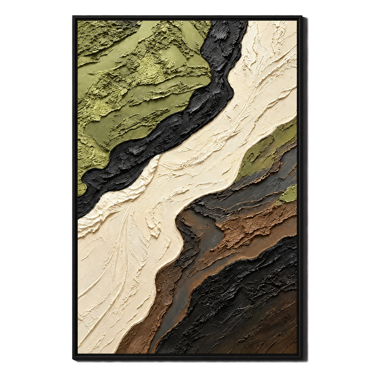 Ownanart Hand-Painted Olive Green Cream Black and Brown Flowing Abstract Oil Painting – 3D Textured Vertical Impasto Canvas Wall Art for Living Room Bedroom Entryway and Office