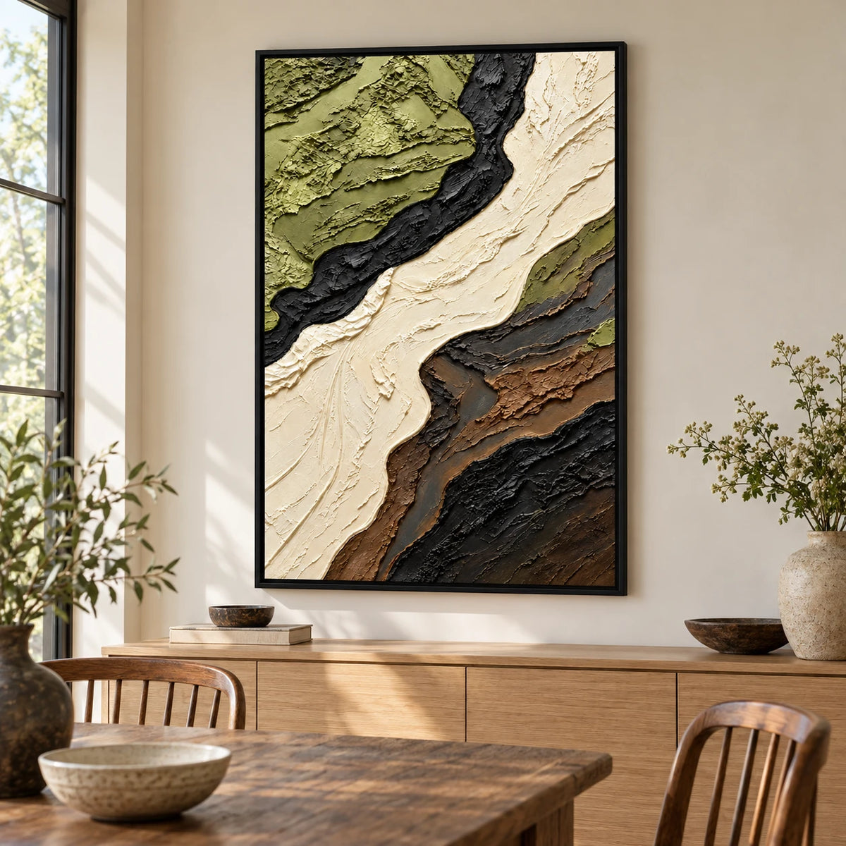Ownanart Hand-Painted Olive Green Cream Black and Brown Flowing Abstract Oil Painting – 3D Textured Vertical Impasto Canvas Wall Art for Living Room Bedroom Entryway and Office