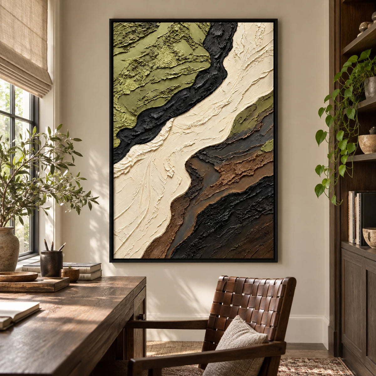 Ownanart Hand-Painted Olive Green Cream Black and Brown Flowing Abstract Oil Painting – 3D Textured Vertical Impasto Canvas Wall Art for Living Room Bedroom Entryway and Office