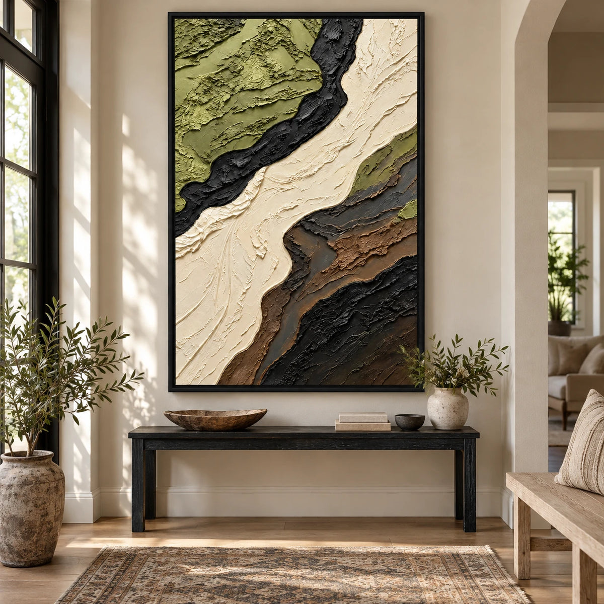 Ownanart Hand-Painted Olive Green Cream Black and Brown Flowing Abstract Oil Painting – 3D Textured Vertical Impasto Canvas Wall Art for Living Room Bedroom Entryway and Office