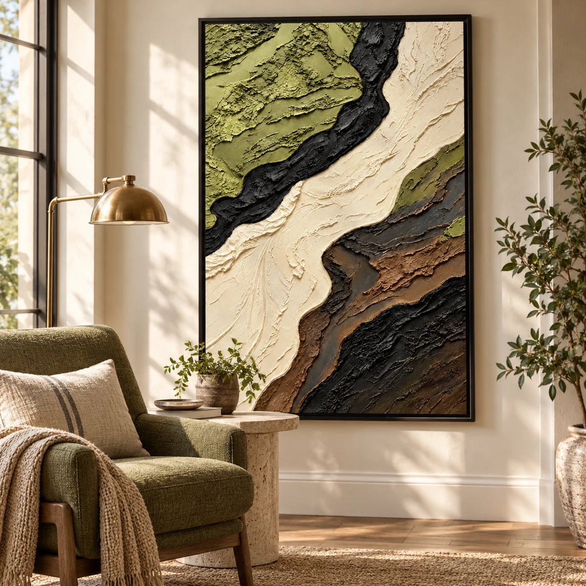 Ownanart Hand-Painted Olive Green Cream Black and Brown Flowing Abstract Oil Painting – 3D Textured Vertical Impasto Canvas Wall Art for Living Room Bedroom Entryway and Office