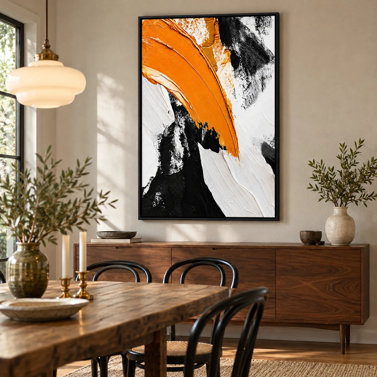 Ownanart Hand-Painted Orange Black and White Sweeping Abstract Oil Painting – 3D Textured Vertical Impasto Canvas Wall Art for Living Room Bedroom Entryway and Office