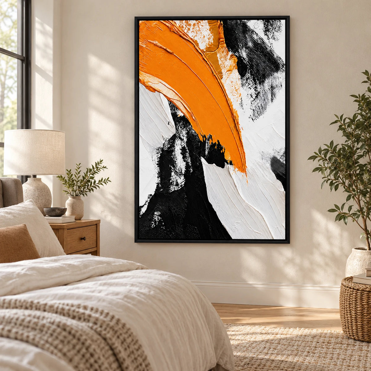 Ownanart Hand-Painted Orange Black and White Sweeping Abstract Oil Painting – 3D Textured Vertical Impasto Canvas Wall Art for Living Room Bedroom Entryway and Office
