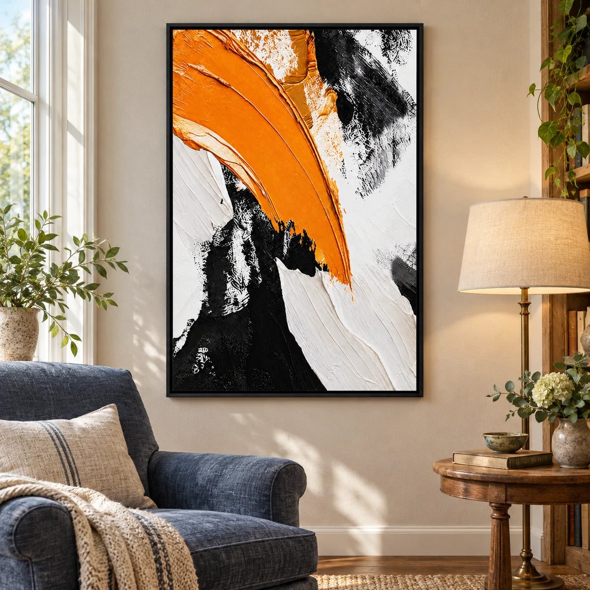 Ownanart Hand-Painted Orange Black and White Sweeping Abstract Oil Painting – 3D Textured Vertical Impasto Canvas Wall Art for Living Room Bedroom Entryway and Office