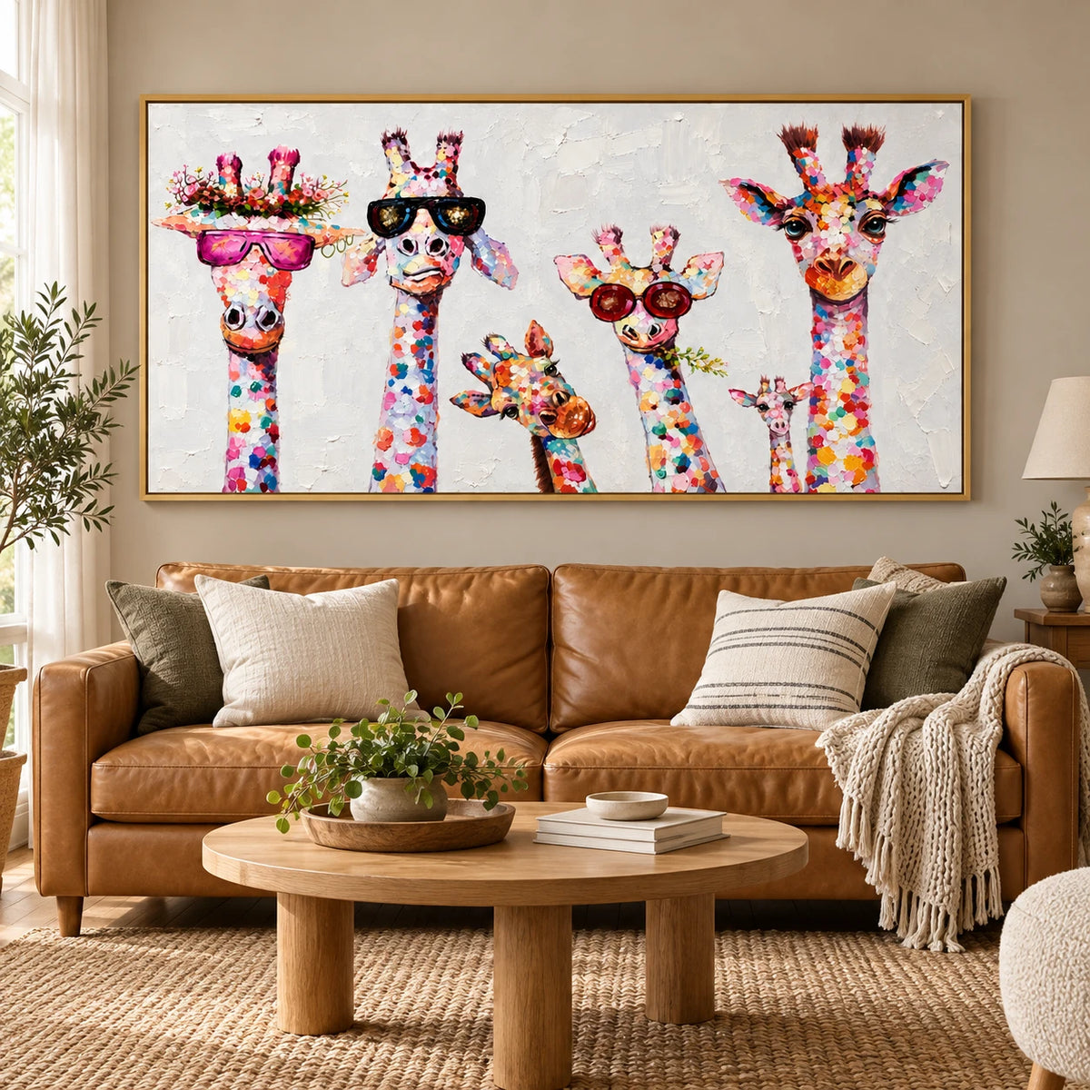 Ownanart Hand-Painted Six Colorful Giraffes with Sunglasses and Flowers Oil Painting – 3D Textured Horizontal Impasto Canvas Wall Art for Living Room Bedroom Entryway and Office