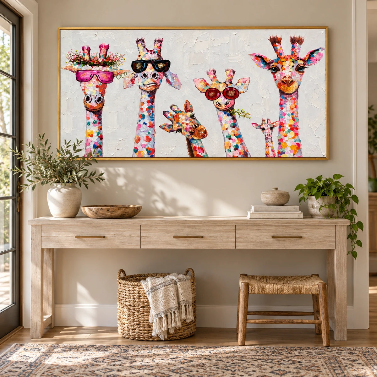 Ownanart Hand-Painted Six Colorful Giraffes with Sunglasses and Flowers Oil Painting – 3D Textured Horizontal Impasto Canvas Wall Art for Living Room Bedroom Entryway and Office