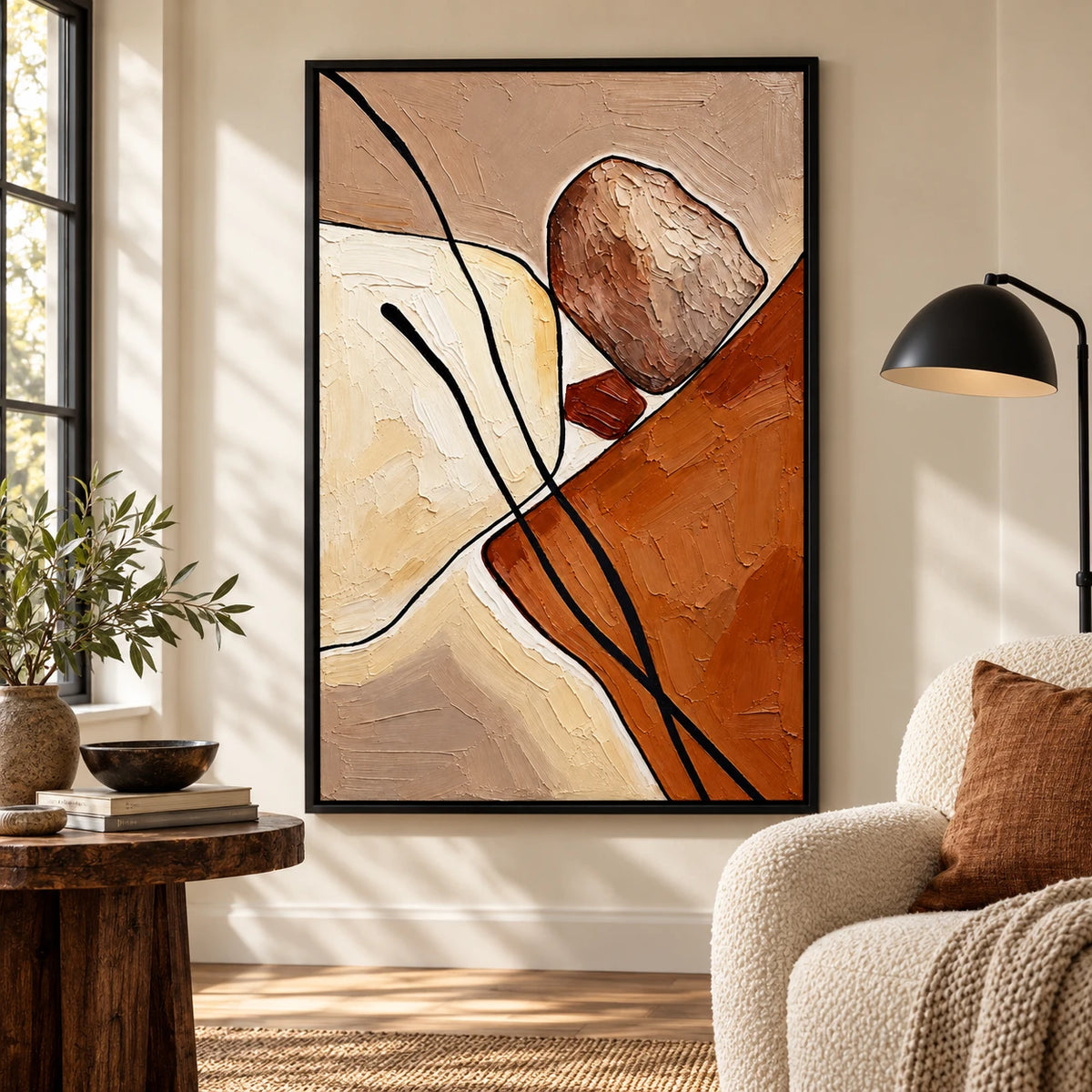 Ownanart Hand-Painted Terracotta Cream and Brown Organic Abstract with Black Lines Oil Painting – 3D Textured Vertical Impasto Canvas Wall Art for Living Room Bedroom Entryway and Office