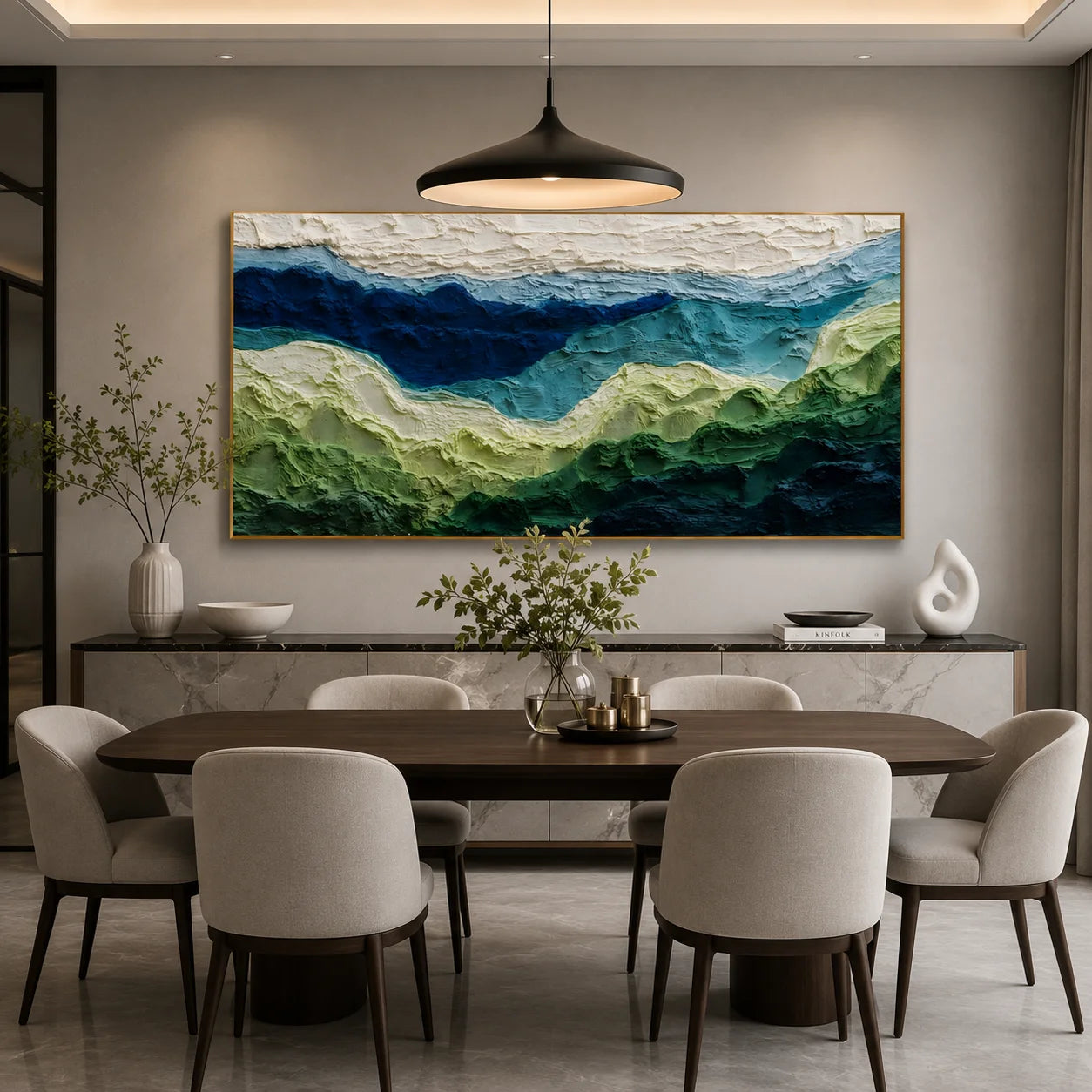 100% Hand-Painted Abstract Mountain Landscape Oil Painting | Modern Green Hills Textured Wall Art | Original Impasto Nature Landscape Canvas | Panoramic Contemporary Artwork for Living Room by Ownanart # OA 1192