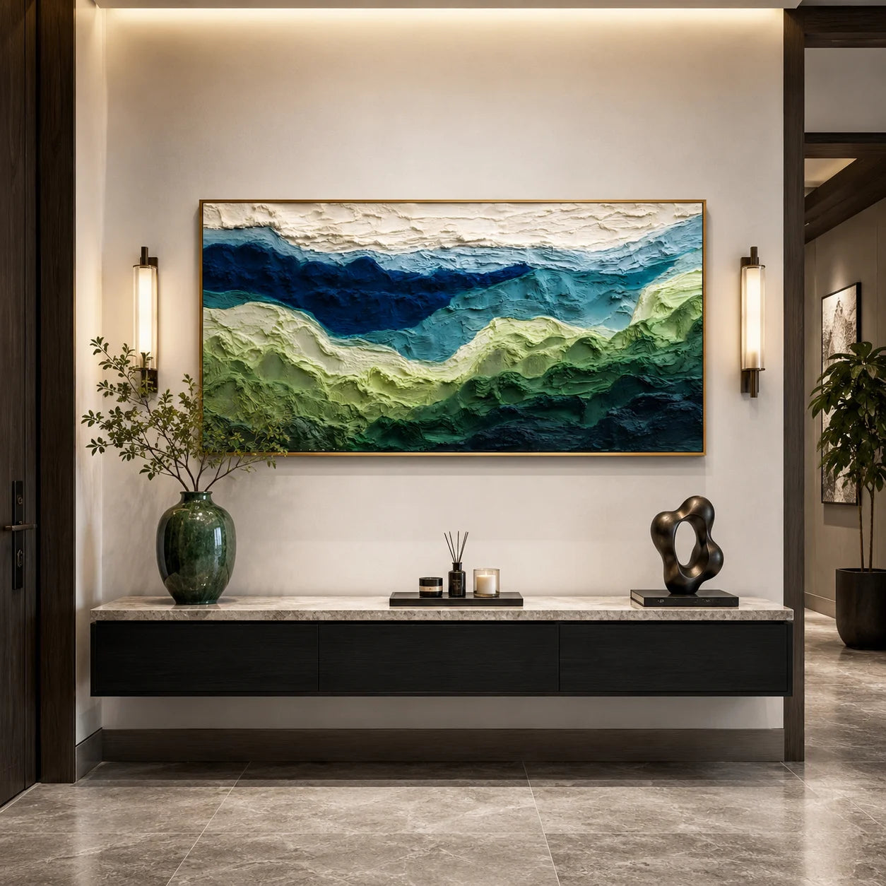 100% Hand-Painted Abstract Mountain Landscape Oil Painting | Modern Green Hills Textured Wall Art | Original Impasto Nature Landscape Canvas | Panoramic Contemporary Artwork for Living Room by Ownanart # OA 1192