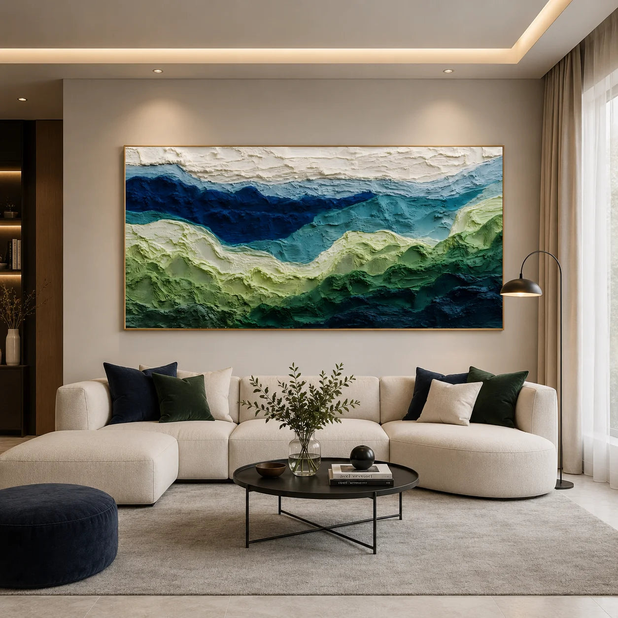 100% Hand-Painted Abstract Mountain Landscape Oil Painting | Modern Green Hills Textured Wall Art | Original Impasto Nature Landscape Canvas | Panoramic Contemporary Artwork for Living Room by Ownanart # OA 1192