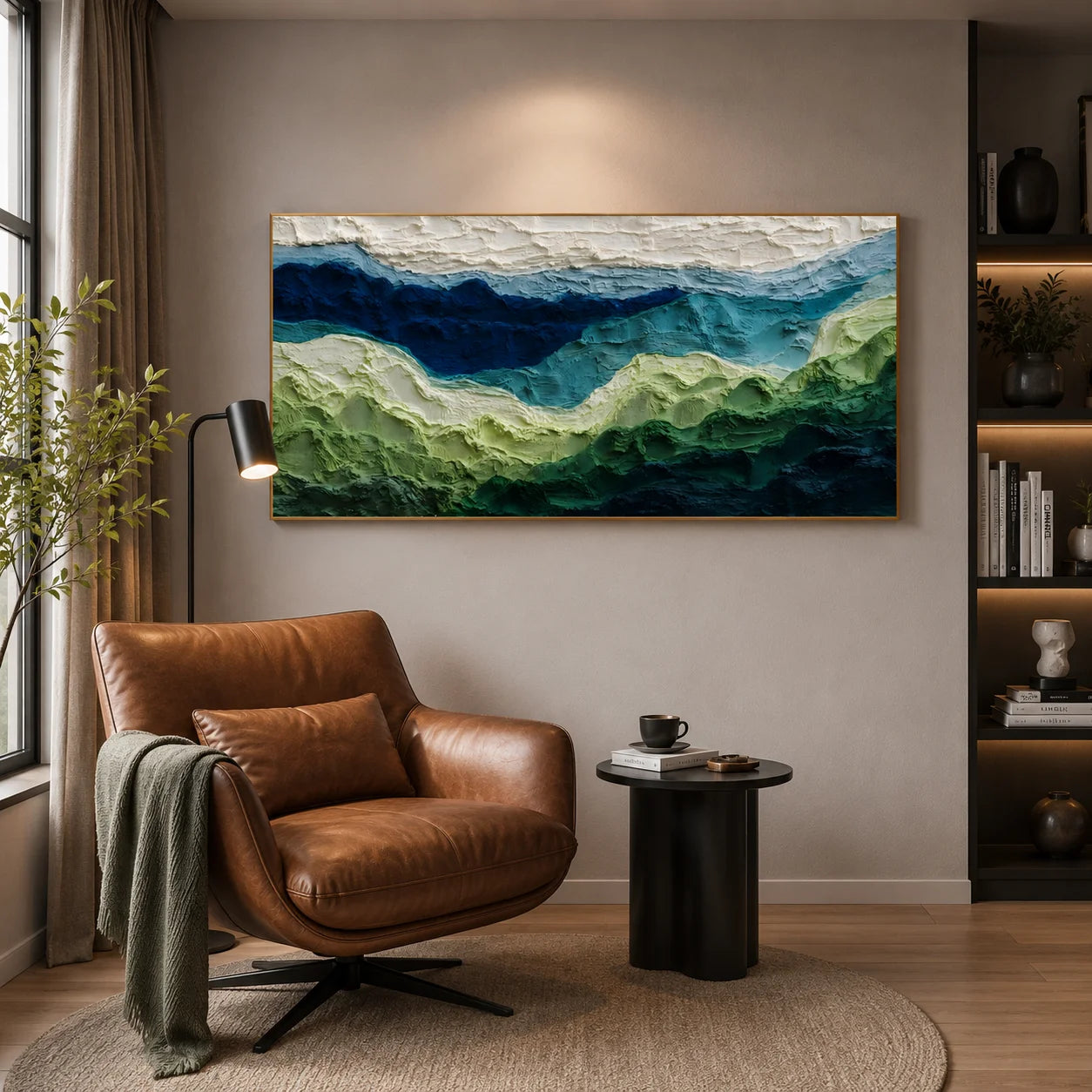 100% Hand-Painted Abstract Mountain Landscape Oil Painting | Modern Green Hills Textured Wall Art | Original Impasto Nature Landscape Canvas | Panoramic Contemporary Artwork for Living Room by Ownanart # OA 1192