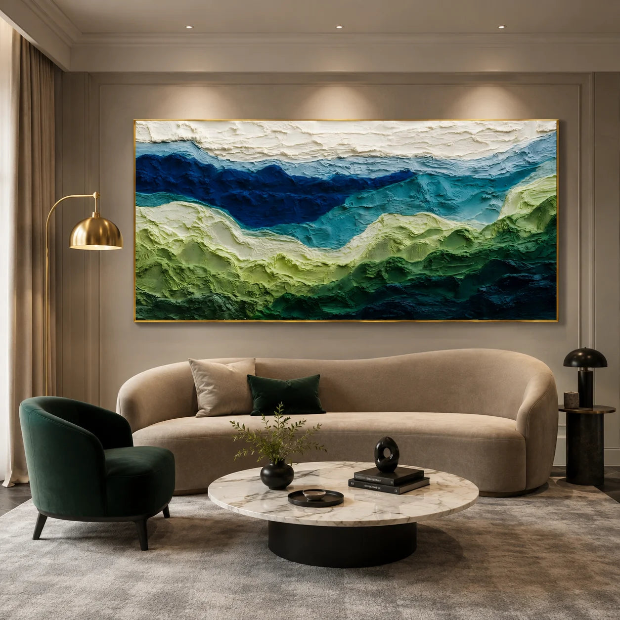 100% Hand-Painted Abstract Mountain Landscape Oil Painting | Modern Green Hills Textured Wall Art | Original Impasto Nature Landscape Canvas | Panoramic Contemporary Artwork for Living Room by Ownanart # OA 1192