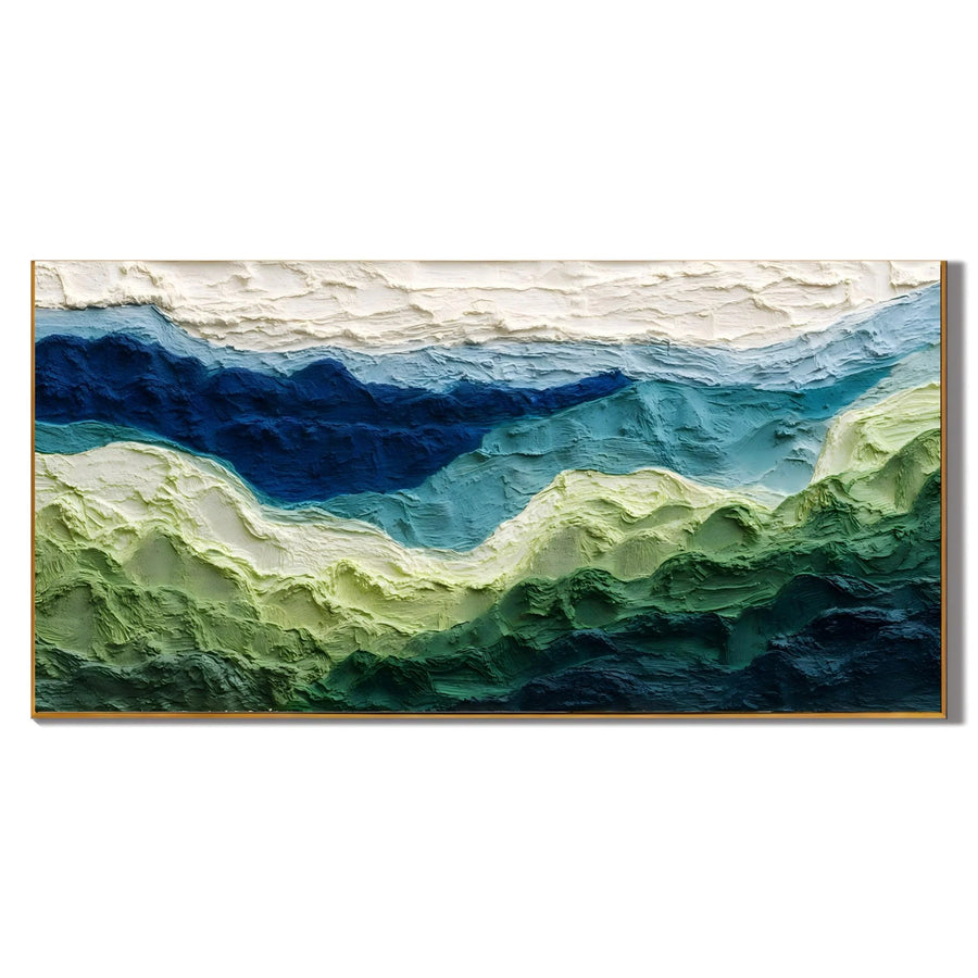 100% Hand-Painted Abstract Mountain Landscape Oil Painting | Modern Green Hills Textured Wall Art | Original Impasto Nature Landscape Canvas | Panoramic Contemporary Artwork for Living Room by Ownanart # OA 1192