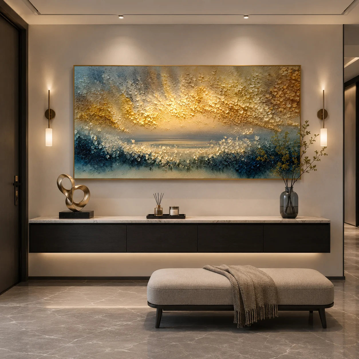 100% Hand-Painted Abstract Sunrise Seascape Oil Painting | Modern Golden Horizon Ocean Wall Art | Original Blue & Gold Textured Coastal Canvas | Contemporary Impasto Artwork for Living Room by Ownanart # OA 1193