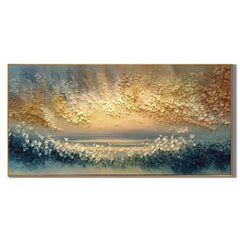 100% Hand-Painted Abstract Sunrise Seascape Oil Painting | Modern Golden Horizon Ocean Wall Art | Original Blue & Gold Textured Coastal Canvas | Contemporary Impasto Artwork for Living Room by Ownanart # OA 1193