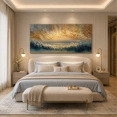 Blue & Gold Ocean Sunrise Oil Painting | Textured Abstract Seascape Wall Art #OA 1193