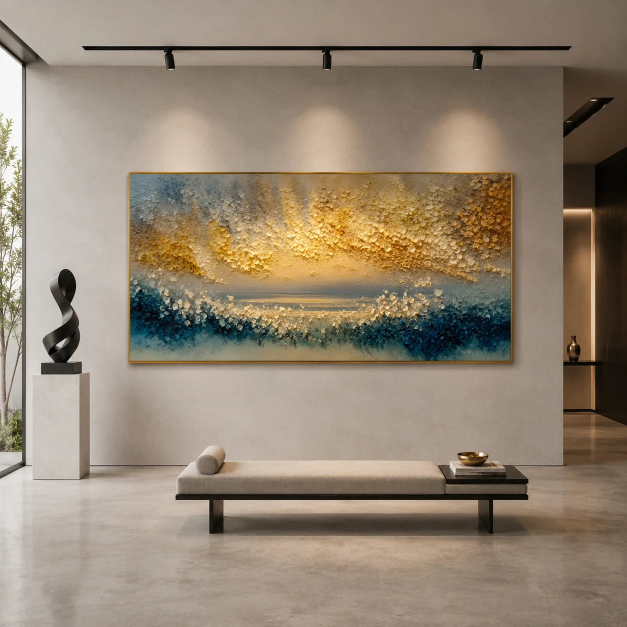100% Hand-Painted Abstract Sunrise Seascape Oil Painting | Modern Golden Horizon Ocean Wall Art | Original Blue & Gold Textured Coastal Canvas | Contemporary Impasto Artwork for Living Room by Ownanart # OA 1193
