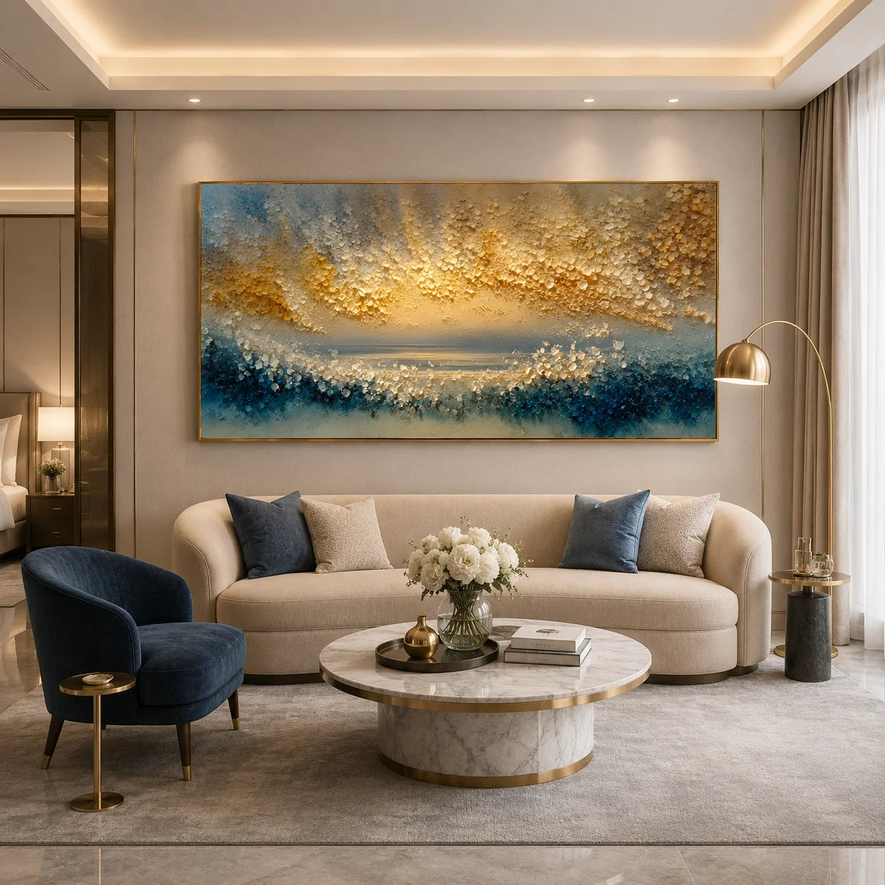 100% Hand-Painted Abstract Sunrise Seascape Oil Painting | Modern Golden Horizon Ocean Wall Art | Original Blue & Gold Textured Coastal Canvas | Contemporary Impasto Artwork for Living Room by Ownanart # OA 1193