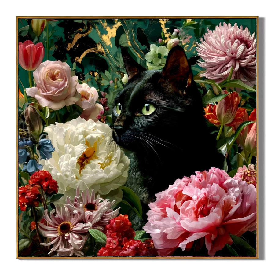 100% Hand-Painted Black Cat Floral Oil Painting | Modern Garden Cat Wall Art | Original Pet Portrait Flower Canvas | Botanical Cat Home Decor by Ownanart # OA 1177