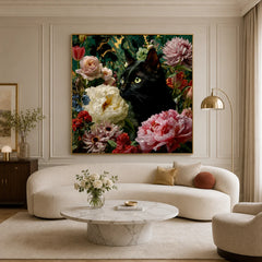 Black Cat & Flowers Oil Painting | Botanical Pet Portrait Wall Art #OA 1177