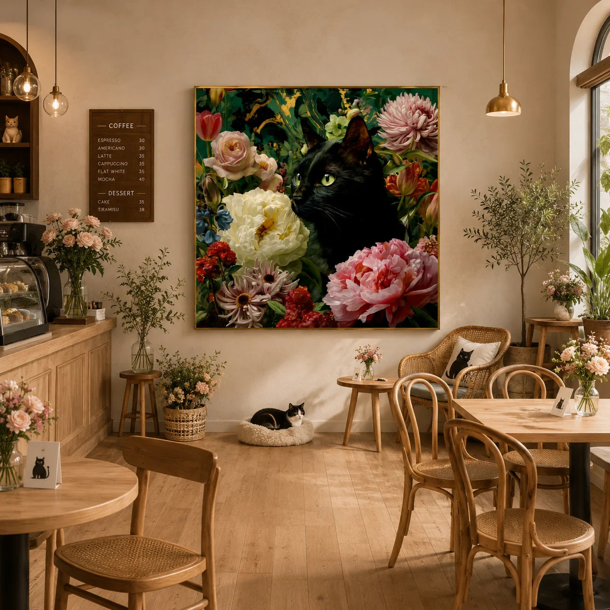 100% Hand-Painted Black Cat Floral Oil Painting | Modern Garden Cat Wall Art | Original Pet Portrait Flower Canvas | Botanical Cat Home Decor by Ownanart # OA 1177