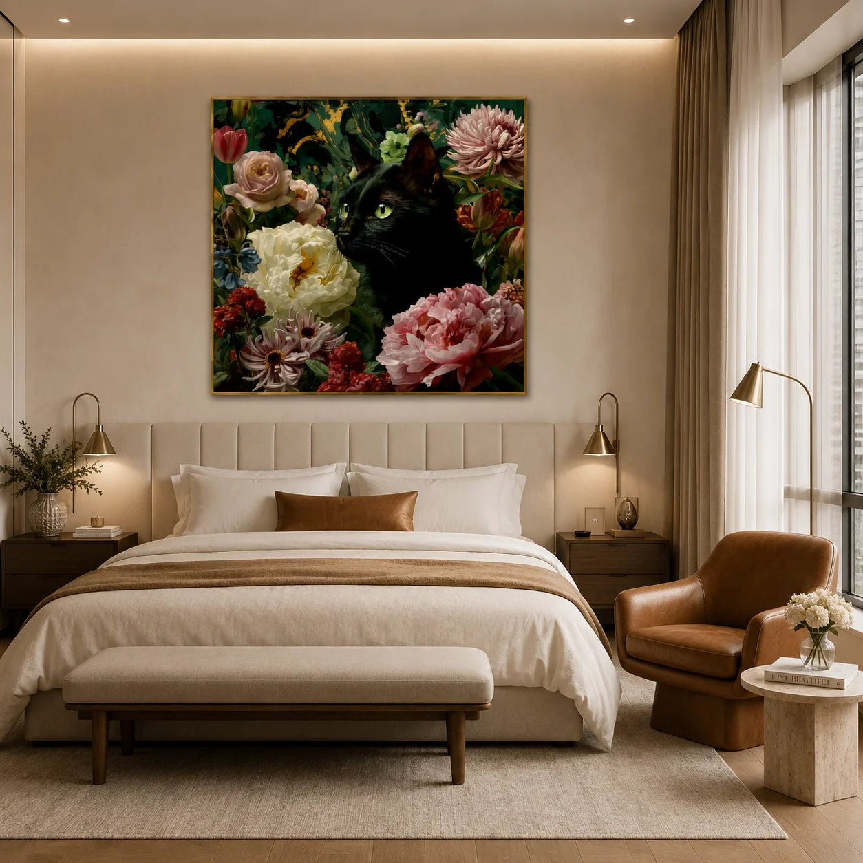 100% Hand-Painted Black Cat Floral Oil Painting | Modern Garden Cat Wall Art | Original Pet Portrait Flower Canvas | Botanical Cat Home Decor by Ownanart # OA 1177