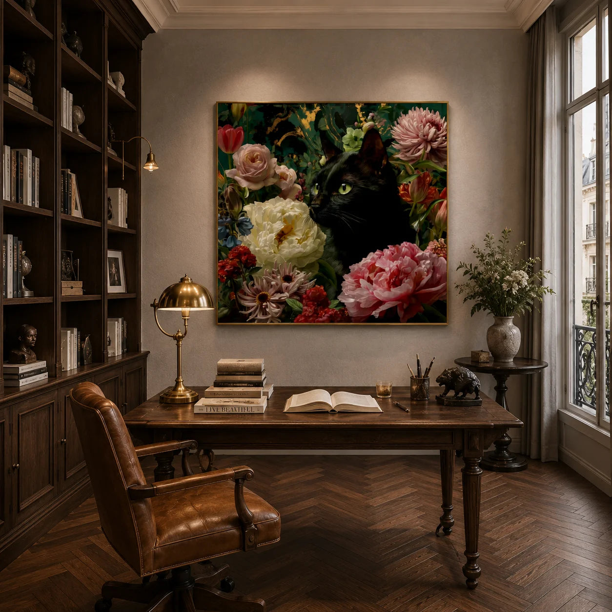 100% Hand-Painted Black Cat Floral Oil Painting | Modern Garden Cat Wall Art | Original Pet Portrait Flower Canvas | Botanical Cat Home Decor by Ownanart # OA 1177