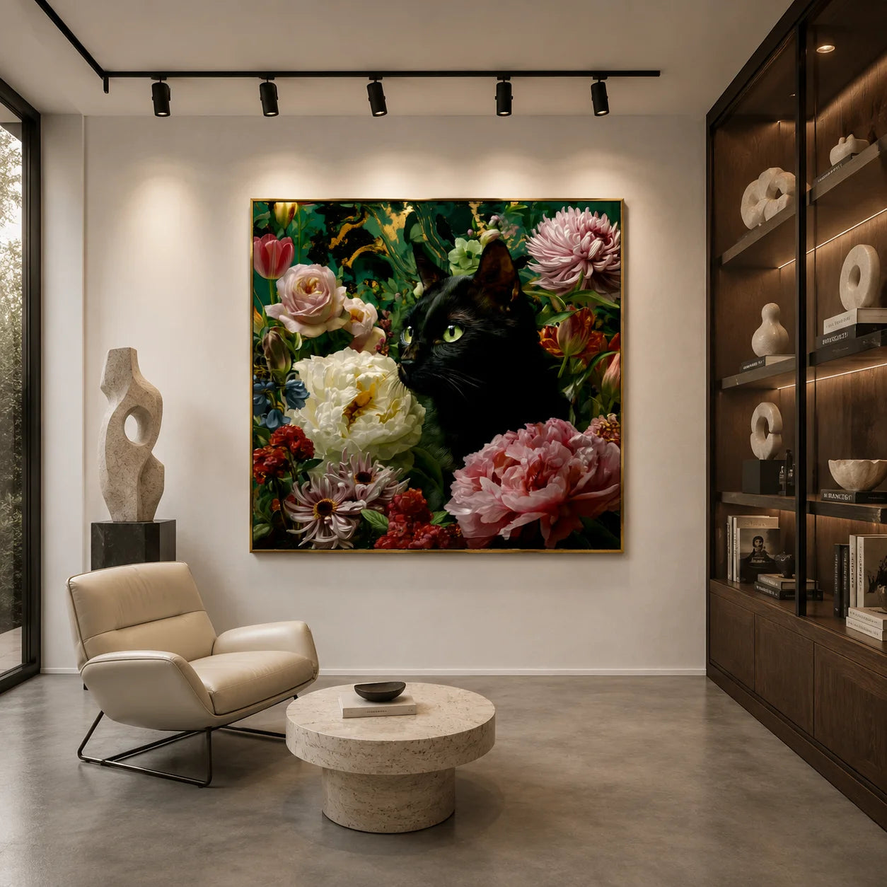 100% Hand-Painted Black Cat Floral Oil Painting | Modern Garden Cat Wall Art | Original Pet Portrait Flower Canvas | Botanical Cat Home Decor by Ownanart # OA 1177