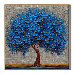 100% Hand-Painted Blue Blossom Tree Oil Painting | Modern Abstract Tree of Life Wall Art | Original Blue Floral Impasto Canvas by Ownanart # OA 1168