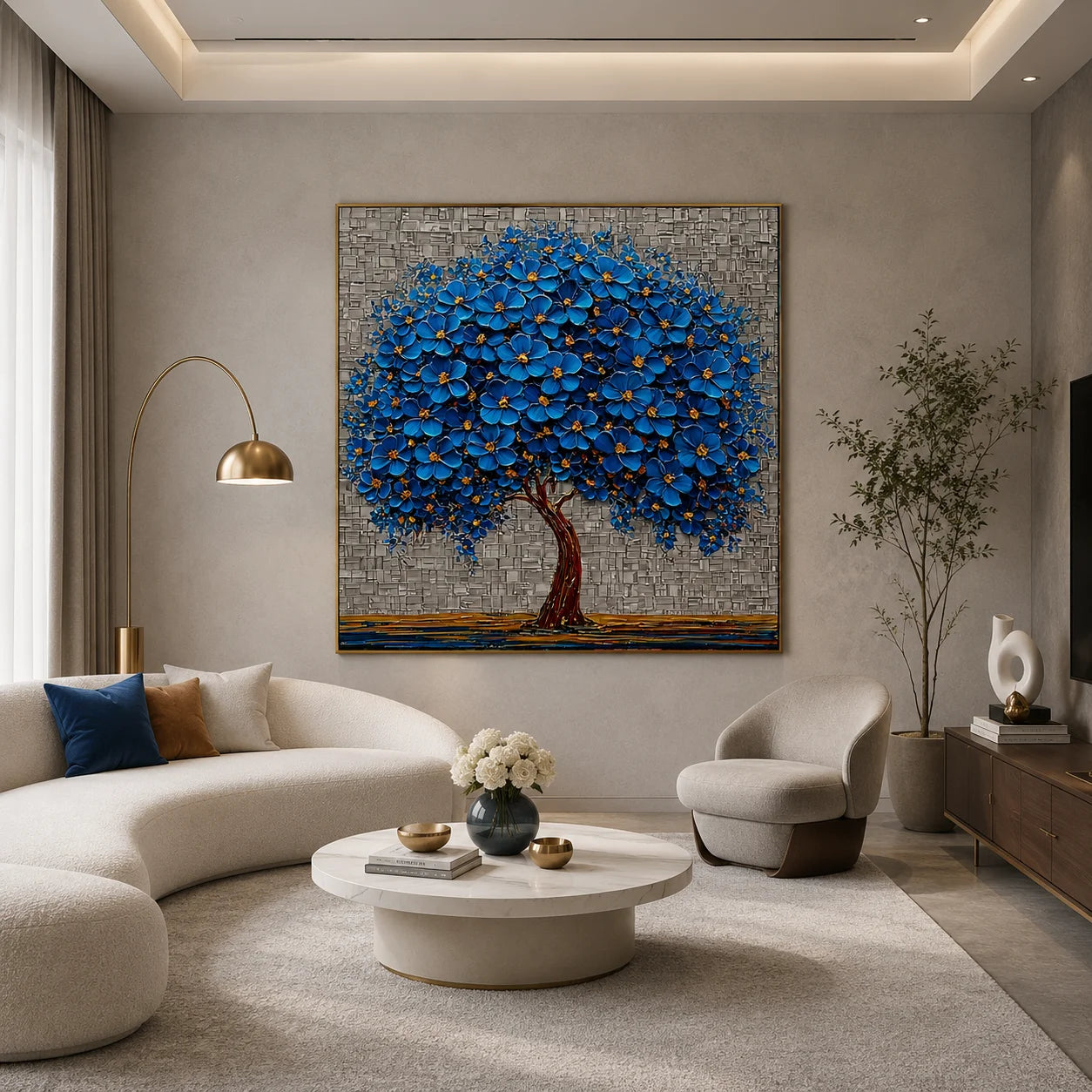 100% Hand-Painted Blue Blossom Tree Oil Painting | Modern Abstract Tree of Life Wall Art | Original Blue Floral Impasto Canvas by Ownanart # OA 1168