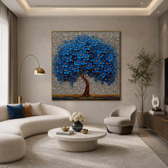 100% Hand-Painted Blue Blossom Tree Oil Painting | Modern Abstract Tree of Life Wall Art | Original Blue Floral Impasto Canvas by Ownanart # OA 1168