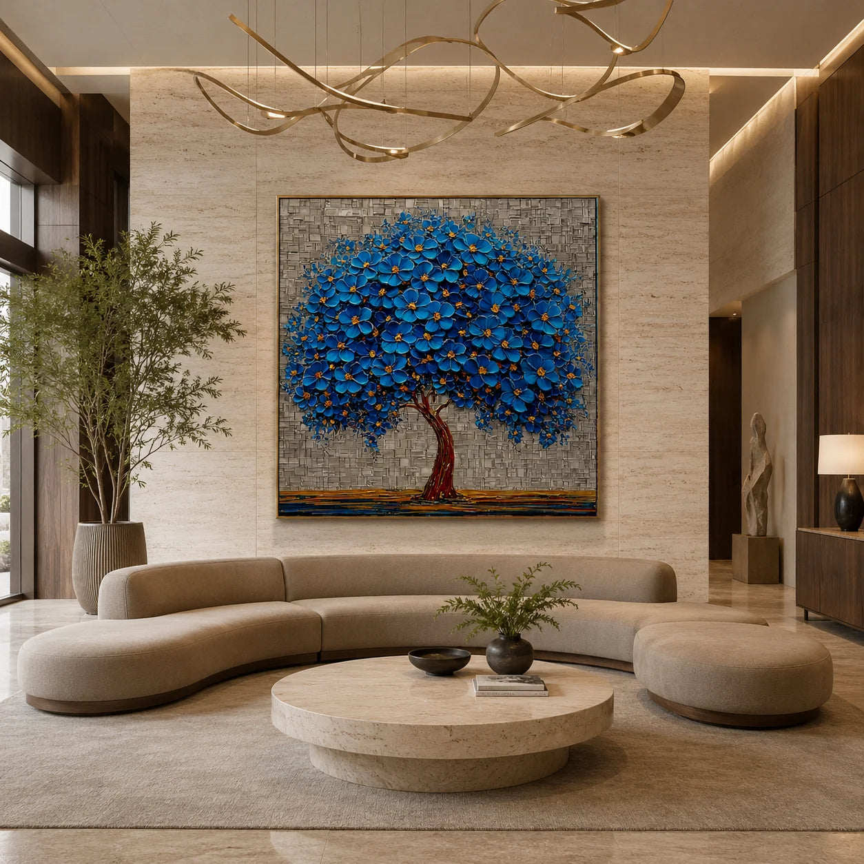 100% Hand-Painted Blue Blossom Tree Oil Painting | Modern Abstract Tree of Life Wall Art | Original Blue Floral Impasto Canvas by Ownanart # OA 1168