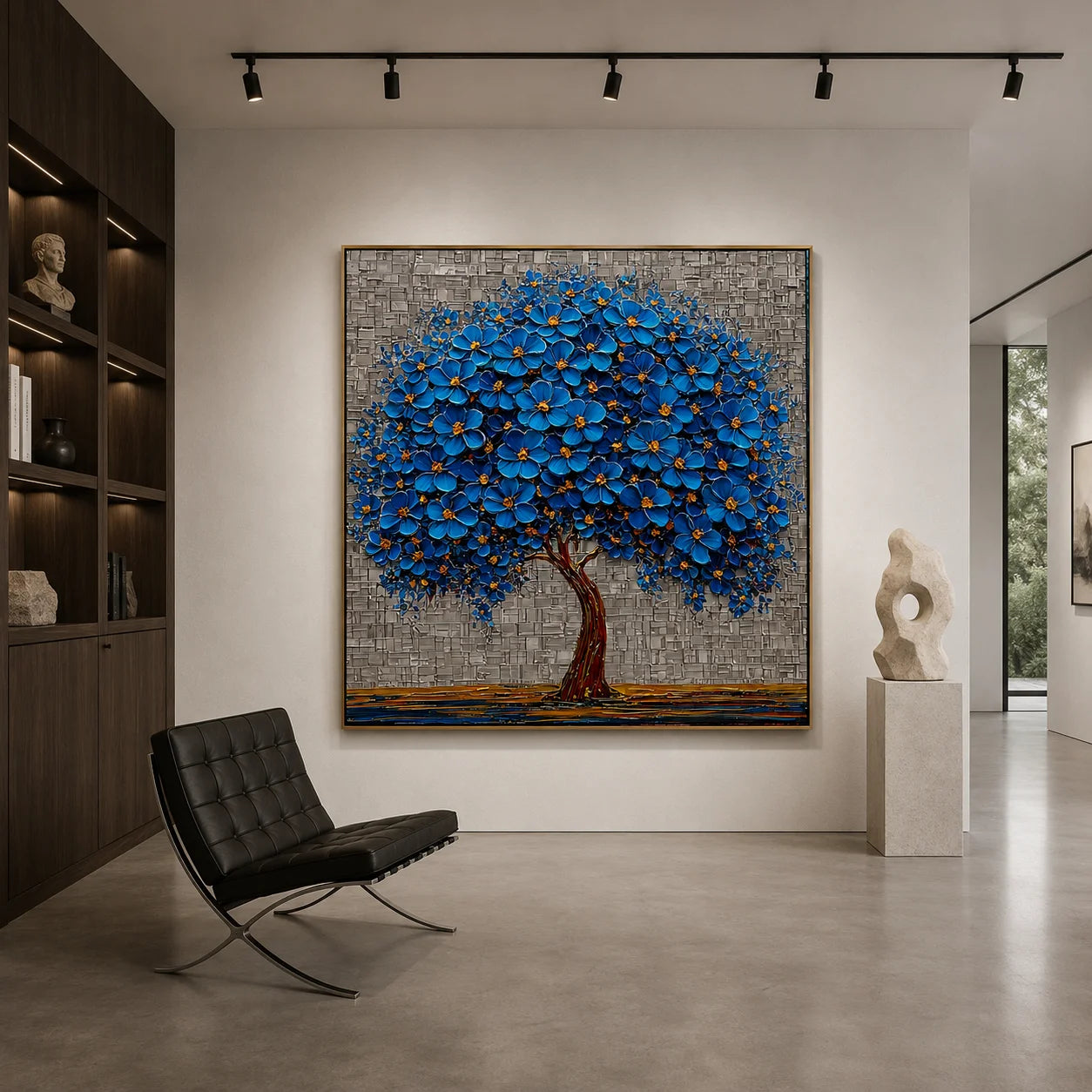 100% Hand-Painted Blue Blossom Tree Oil Painting | Modern Abstract Tree of Life Wall Art | Original Blue Floral Impasto Canvas by Ownanart # OA 1168