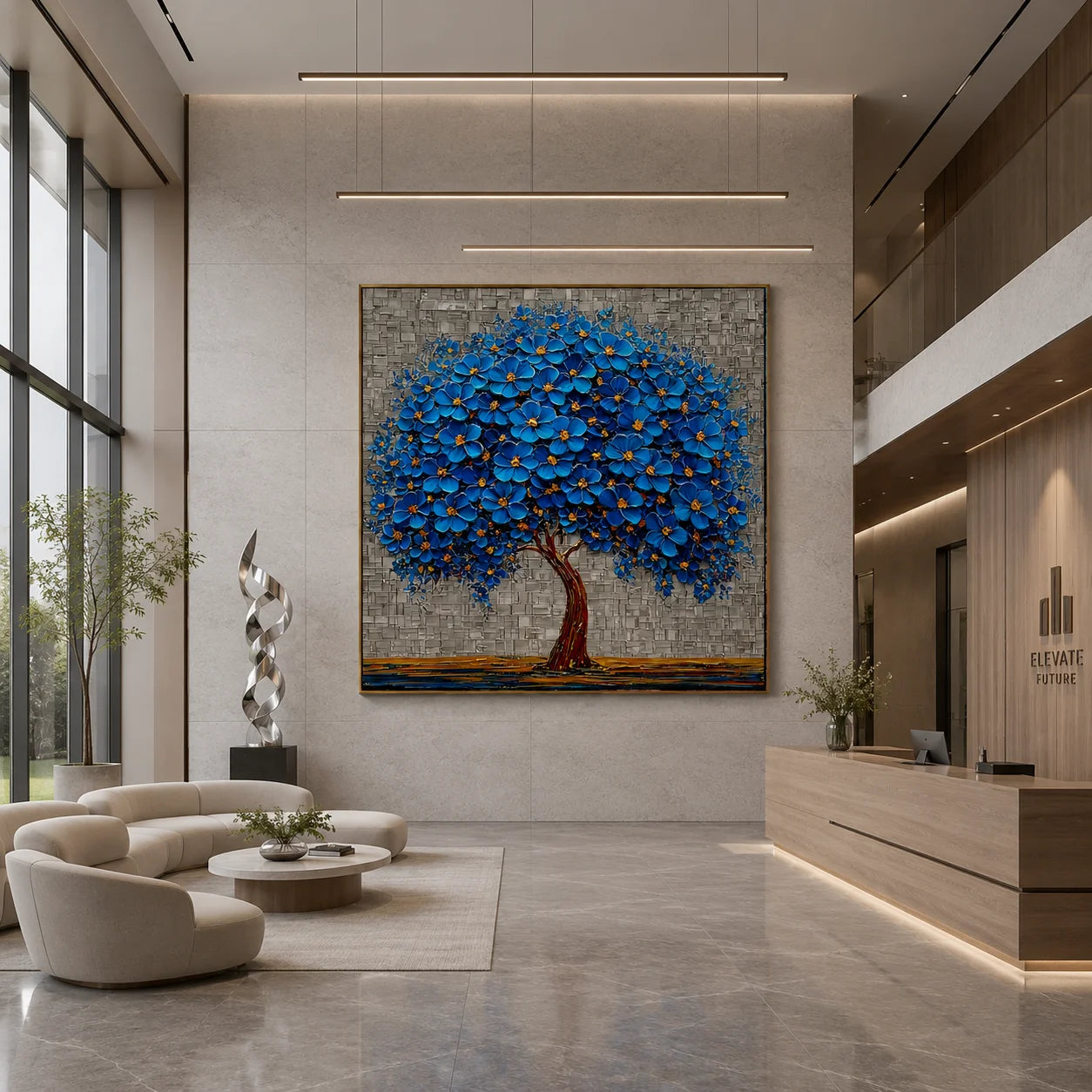 100% Hand-Painted Blue Blossom Tree Oil Painting | Modern Abstract Tree of Life Wall Art | Original Blue Floral Impasto Canvas by Ownanart # OA 1168