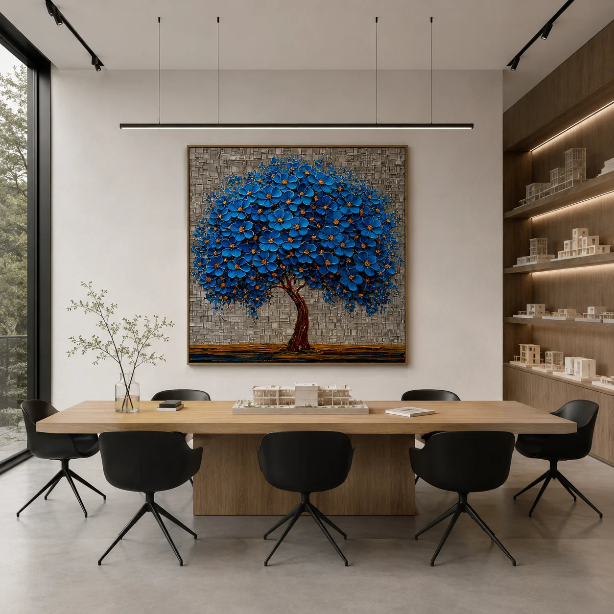 100% Hand-Painted Blue Blossom Tree Oil Painting | Modern Abstract Tree of Life Wall Art | Original Blue Floral Impasto Canvas by Ownanart # OA 1168